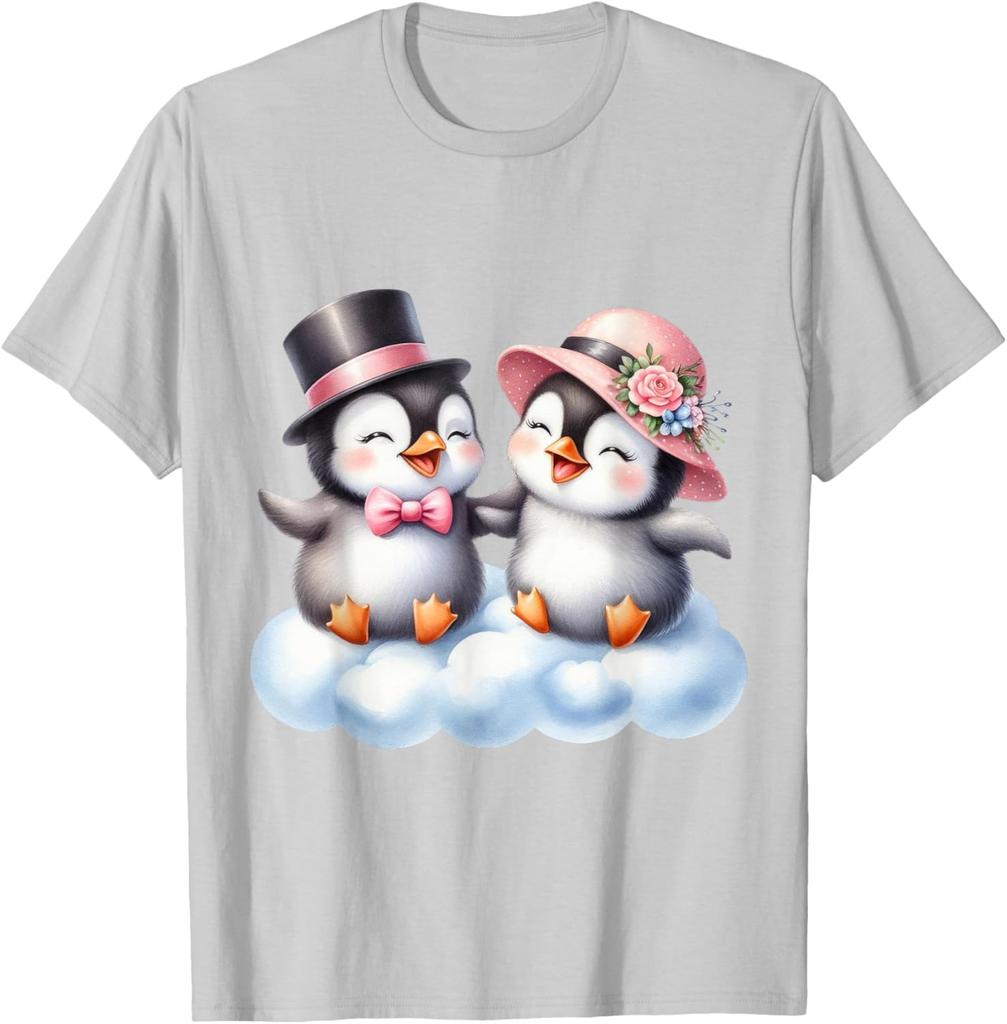 Süßes Pinguin-Paar auf Wolke Grafik-T-Shirt Entzückendes Valentinstagsgeschenk T-Shirt Unisex Tägliche Kleidung