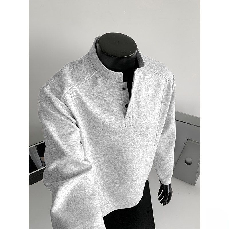 Dongjie No Logo Flus Autumn Henry Collar Straight Shoulder Composite 270g Heavy Cotton Long Sleeve T-Shirt Men's Sweatshirt