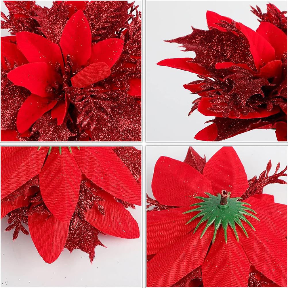 12Pcs Christmas Poinsettia Christmas Tree Flowers Ornaments Decorative Glittery Flowers Decorations with Clips for Home Decor
