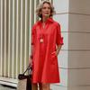 Women's Long-sleeved Lapel Simple Loose Knee-length Shirt Dress Clothes Sale
