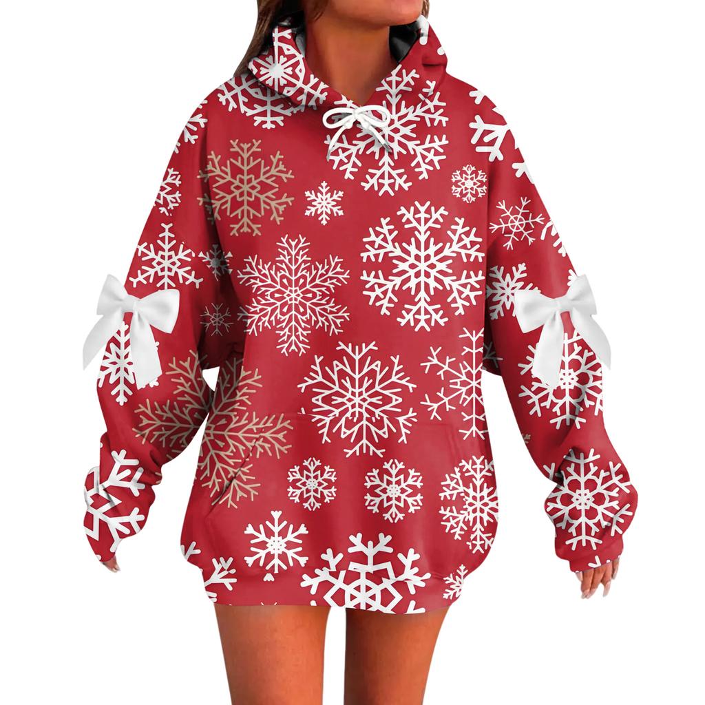 Ladies' Christmas Printed Bow Long Sleeved Loose Fitting Headband With Rope Hooded Sweatshirt Top