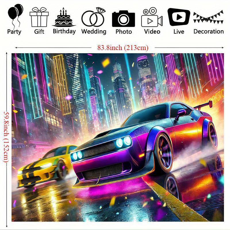Street Racing Neon-lit Urban Landscape Digital Printing Polyester Wall Tapestry Suitable for Use Living Rooms Bedrooms Offices