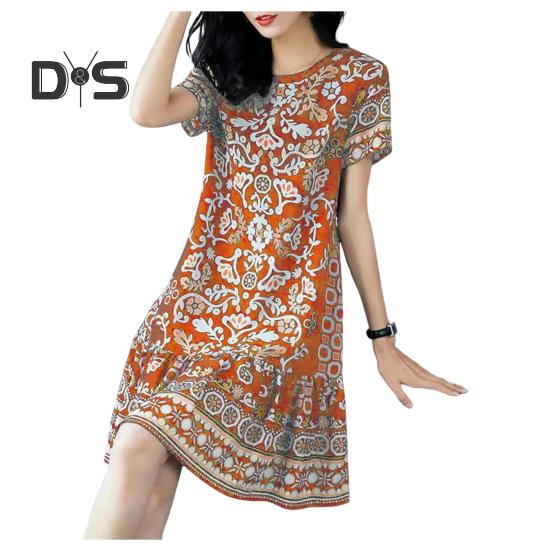 Letní dámské šaty s kulatým výstřihem Poloviční rukávy Retro potisk A-line Velký lem Délka ke kolenům Volné Běžné Denní nošení Dovolená Midi Šaty