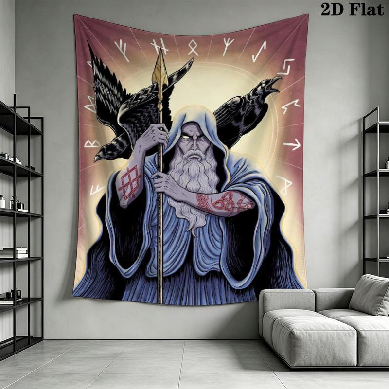 Odin Norse Mythology Tapestry, Viking God with Wolves and Ravens Wall Hanging, Valknut Symbol Wall Tapestry for Bedroom Living Room Decor