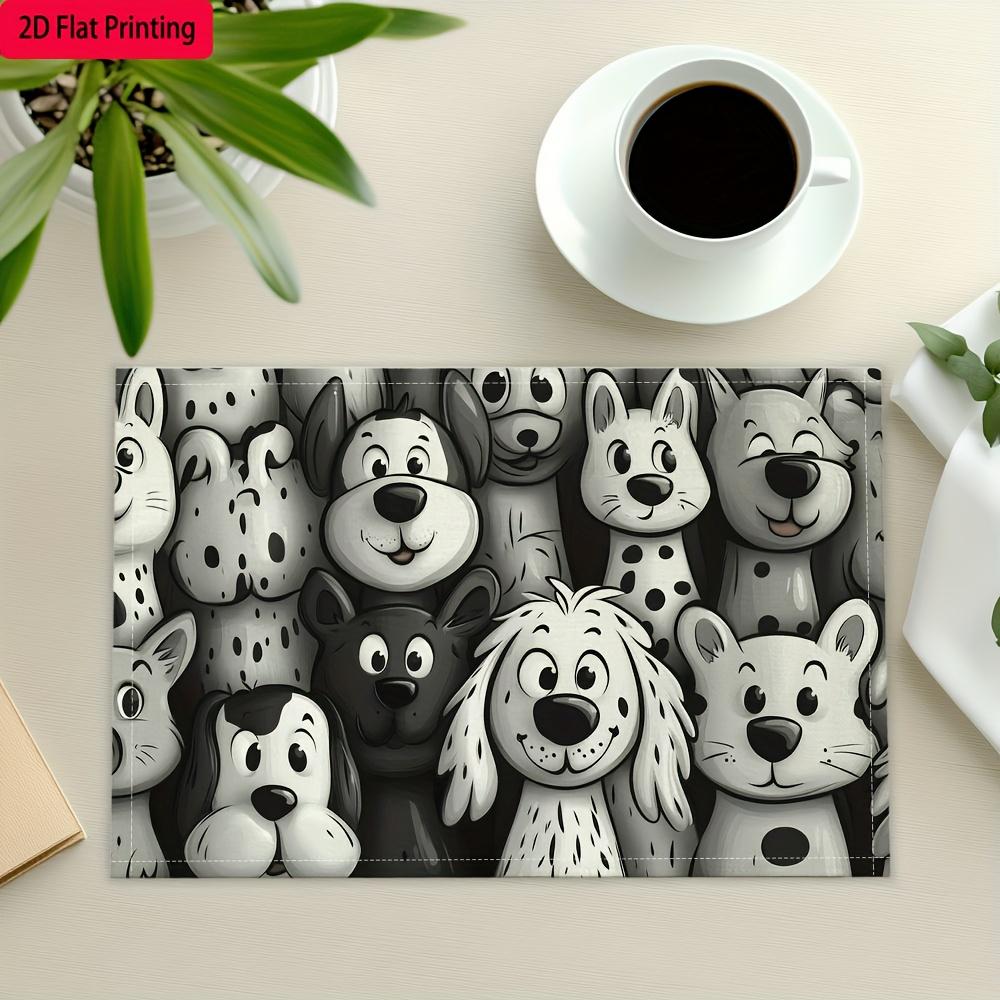 

Black white cartoon dog print placemats linen blend kids dining table mats pet lovers home decor kitchen table accessories gift 4Pcs-30X45cm(12X18in