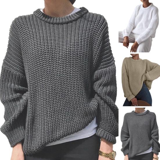 Women Fall Winter Sweater Round Neck Long Sleeve Loose Solid Color Thick