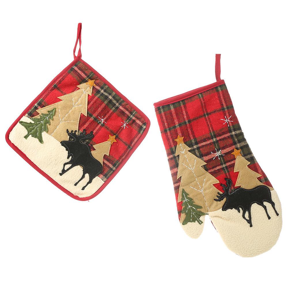 Christmas Themed Plaid Fabric Embroidered Heat Resistant Pot Holders And Gloves For Festive Cooking