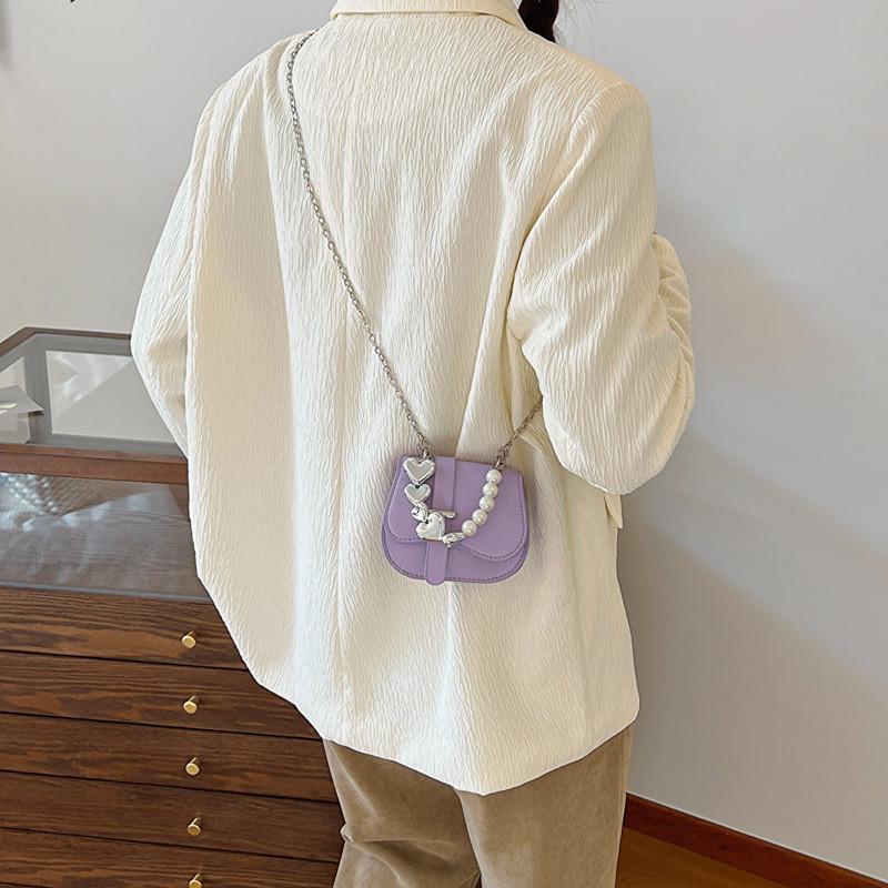 Trendy Mini Handbag 2024 Spring Pu Material Street Fashion Chain Shoulder Crossbody Bag Beaded Heart Stitching Line