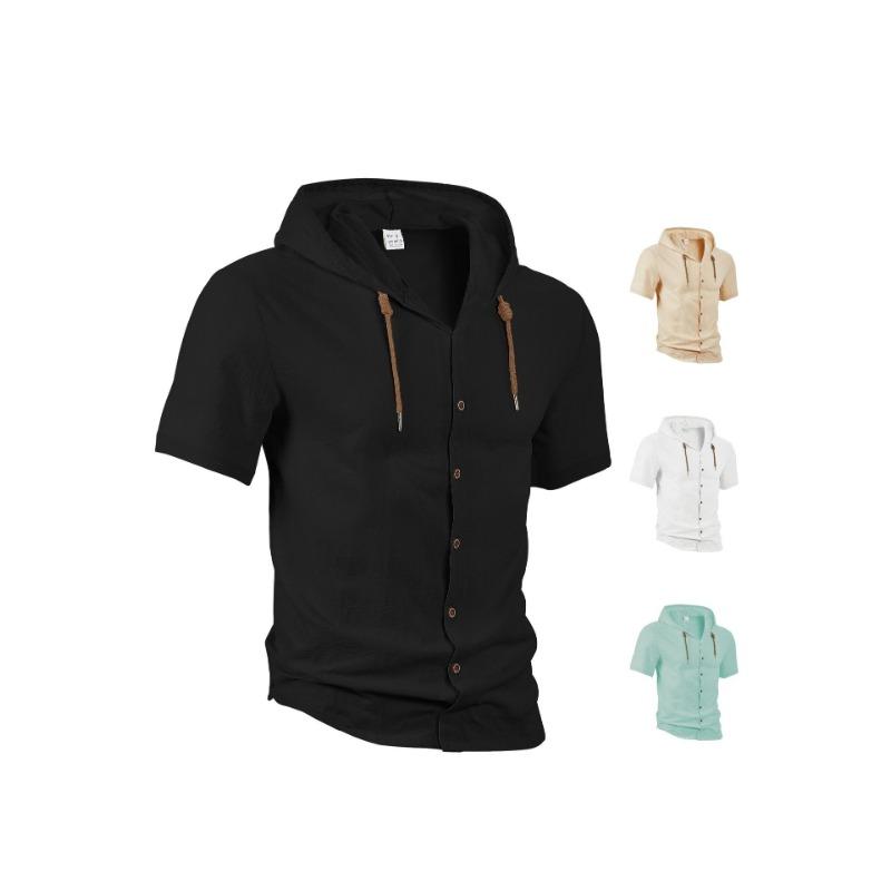 Men's Solid Color Cotton and Linen Cardigan Trendy and Versatile Loose Casual Short-sleeved Men's Shirt Hoodie