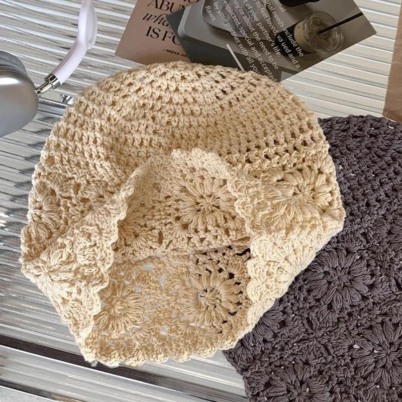 Atmungsaktive Ausgehöhlte Strickmütze Blumen Lässige Baskenmütze Sommer Blumen Atmungsaktive Baumwolle Skullies Sonnenschirm Frauen