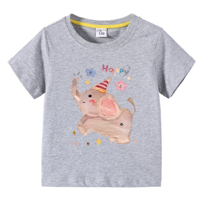 Girls TShirt Cute Elephant Print Short Sleeve Tee 100 Cotton Soft Breathable Summer Tops for Kids Children