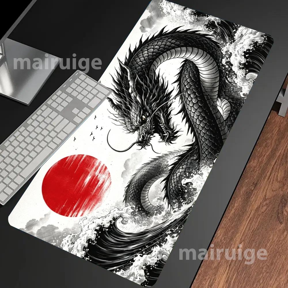 Schwarzes Chinesisches Drachen-Mauspad Großes Computer-Büro-Spiel-Tischmatte Gummi Anti-Rutsch Genäht Tastaturmatten 90x40 XXL Schreibtischunterlagen
