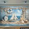 2D Wooden Cabin Sailboat Background Fabric, Lifebuoy, Anchor, Lighthouse, Starfish, Shell, Floating Bottle Decoration, Polyester