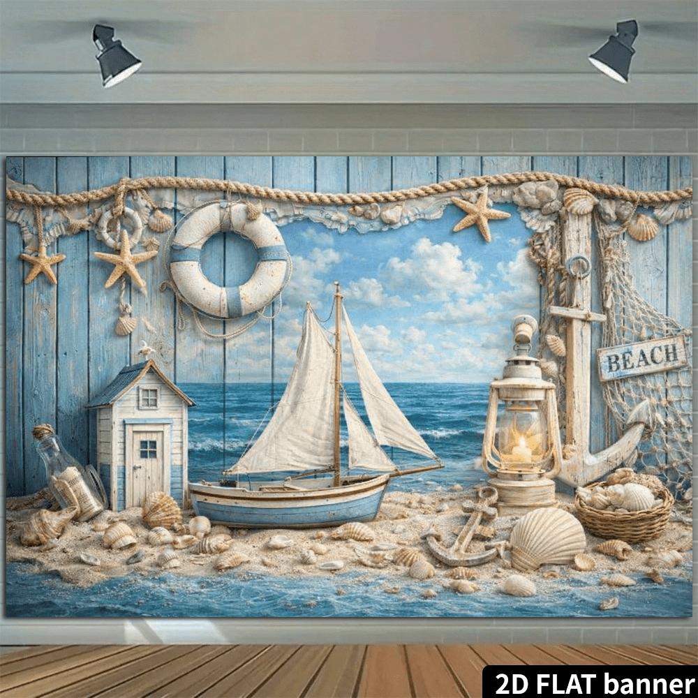 2D Wooden Cabin Sailboat Background Fabric, Lifebuoy, Anchor, Lighthouse, Starfish, Shell, Floating Bottle Decoration, Polyester