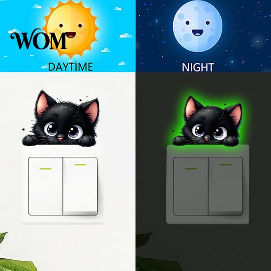 Cute Animal Switch Sticker Luminous Light Decals, Glow in The Dark Cat Sticker, Cartoon PVC Wall Art Mural for Bedroom Living Room Waterproof Decal