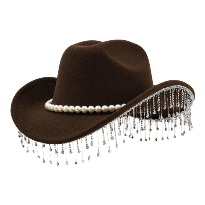 Sparkling Rhinestones Belt Western Cowboy Hats In Comfortable Woolen For Music Festivals And Outdoor Adventures