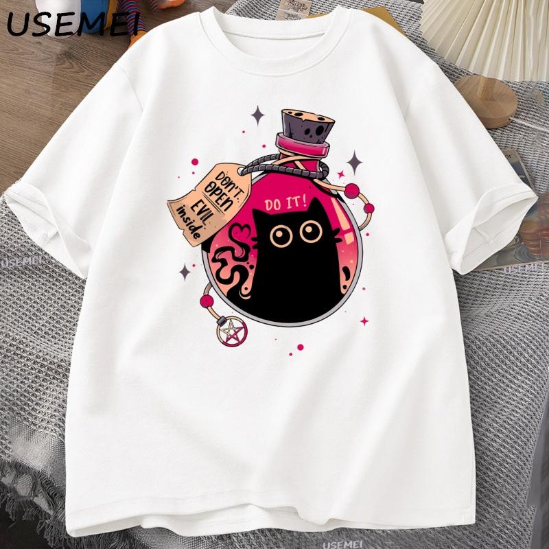 Bottled Evil Black Cat T Shirt Trendy Cotton Summer Tops Loose Short Sleeves Cat Design Clothes Men Streetwear Clothes