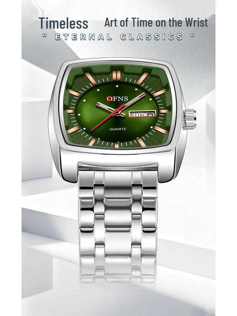 Oufanni Waterproof Men's Steel Band Quartz Watch with Luminous Dial and Double Calendar