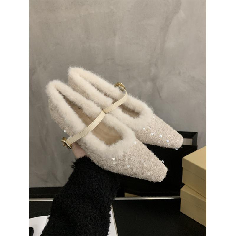 

2025 Spring and Autumn New Rabbit Mao Mao Shoes Women s Outer Wear Fleece Warm Heel Commuter Medium and High Heel Single Shoes 39 абрикосовий