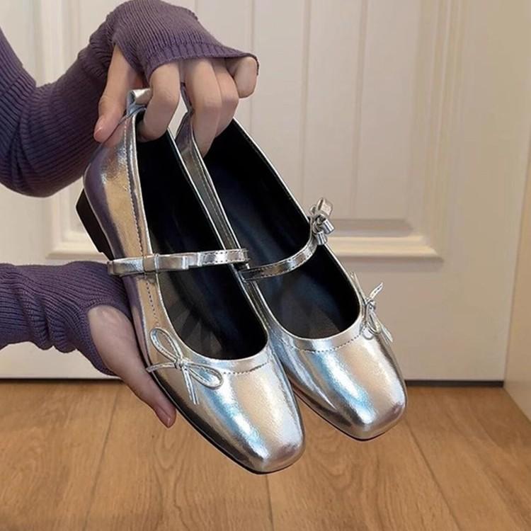 Blue Cabinet Edition~ Soft Leather French Retro Flat Bottom Bow Light Mouth Single Shoes Women's New Silver Mary Jane Evening Shoes