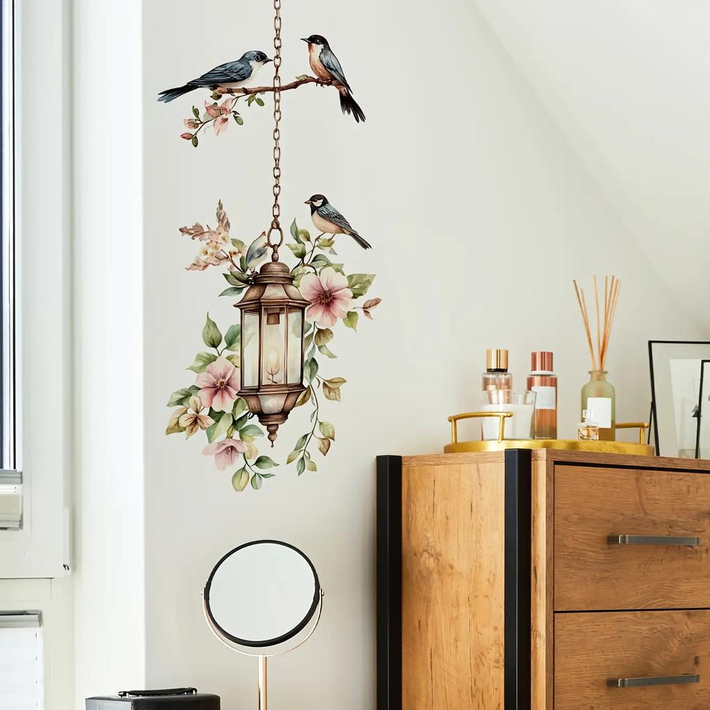 Watercolor Vintage Bird Flower Chandelier Wall Sticker Self Adhesive Living Room Bedroom Decor
