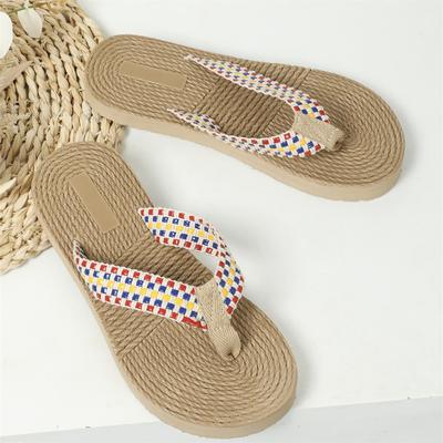 Women's Flat Slippers New Grass Imitation Woven Slippers Women Outside Flip Flops Fashionable Beach Shoes Women Sandals