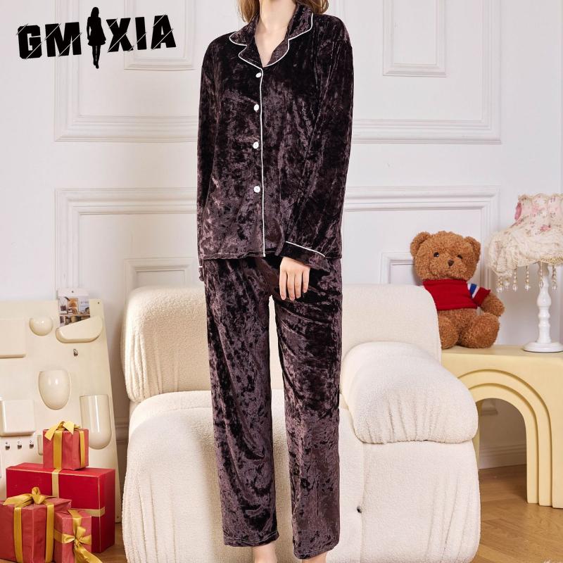 GMXIA Autumn and Winter Women's Gold Diamond Velvet Pyjamas Long-sleeved Trousers Two-piece Warm Thickened Velvet Homewear Set