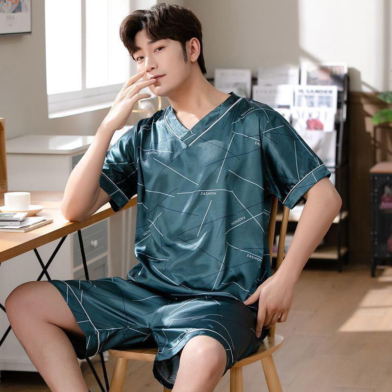 Ice Silk Thin Men Short-Sleeved + Short Two-Piece Suit Korean Version of The Loose Plus Size Home Clothing with Letters