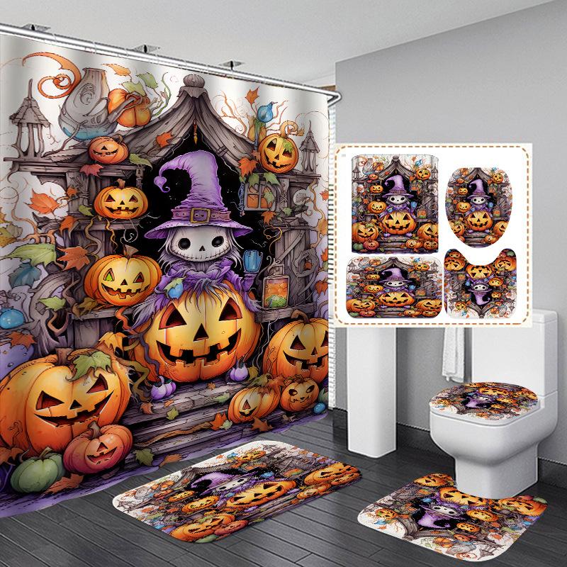 4Pcs Halloween Ghost Pumpkin Shower Curtain Set with Non-Slip Bath Mat, Toilet Lid Cover, Contour Rug & 12 Hooks, Bathroom Decor