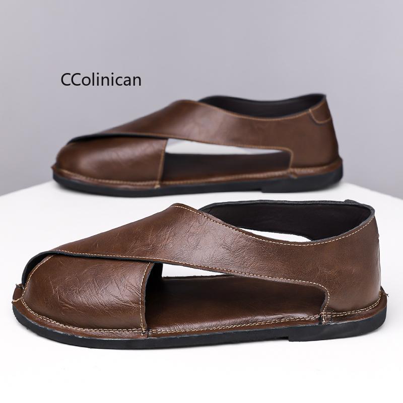 Genuine Leather Handmade Men Flat Bottom Casual Sandals Summer New Style Soft Bottom Anti-Slip Business Shoes Breathable
