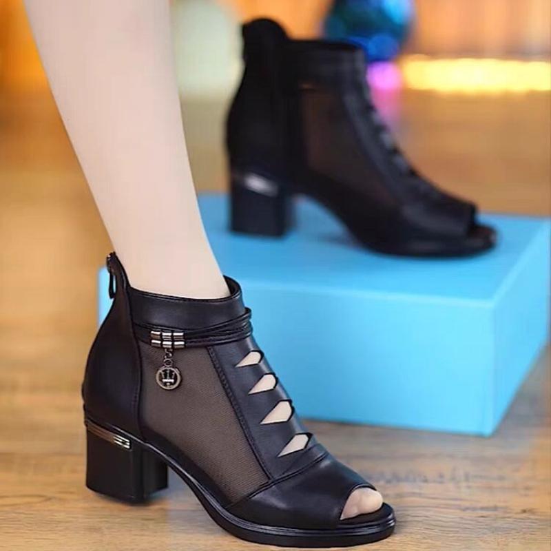2025 New Women's Shoes Mesh Female Boots Fashion Thick Heels Mom Shoes Breathable Fish Mouth Shoes Back Zip Women Ankle Boots