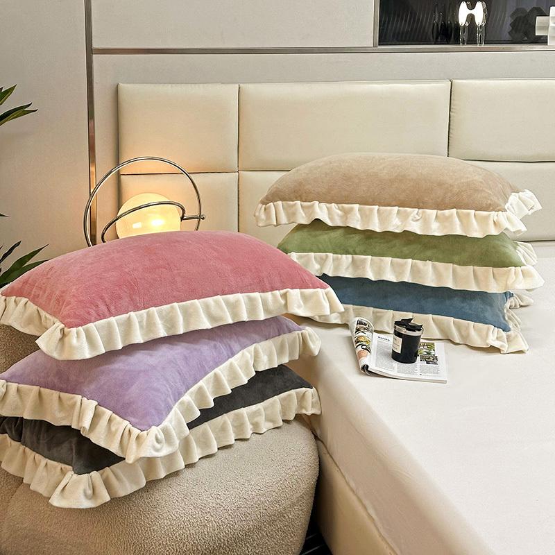 2PCS Winter Milk Fleece Pillowcase Thickened Pair 48x74CM Lace Solid Color Girls Pillowcase