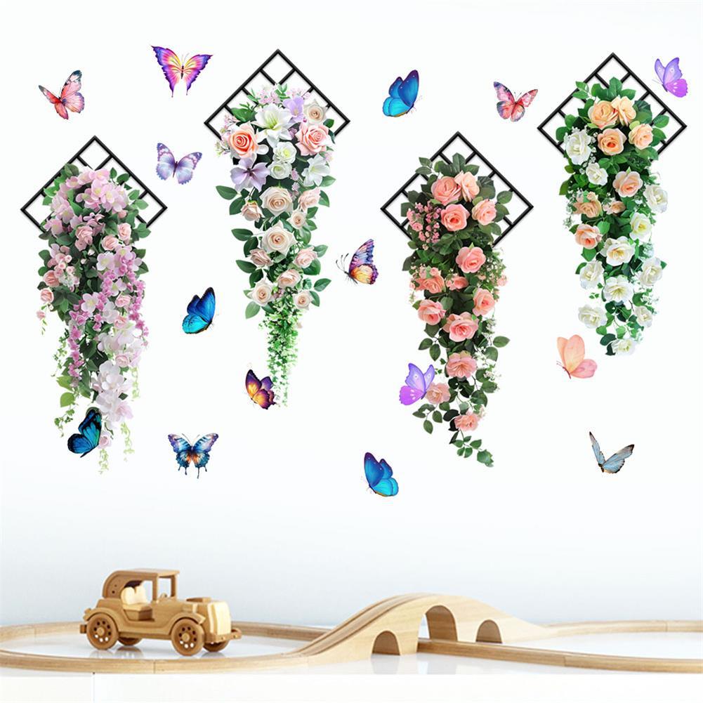 Butterfly Flower Vine Rose Buds Self-Adhesive Waterproof Wall Stickers for Living Room Bedroom Home Decor Wall Decals