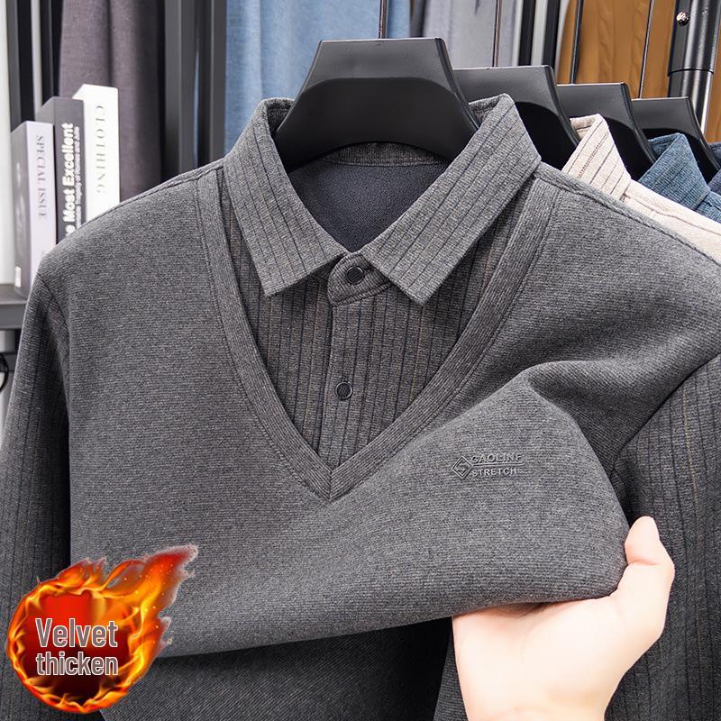 

Men s Winter Turn-Down Collar Wool Sweater with Mulberry Silk and Velvet Lining - Dad s Warm Knitted Two-Piece Look M світло-сірий колір