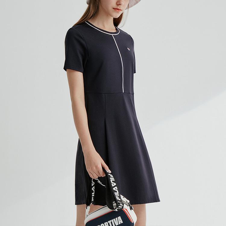 Fila Logo Solid Color Loose Fashion Casual Sports Pullover Round Neck Short Sleeve Dress Women Dresses Legendary-Blue F11W028304GNV