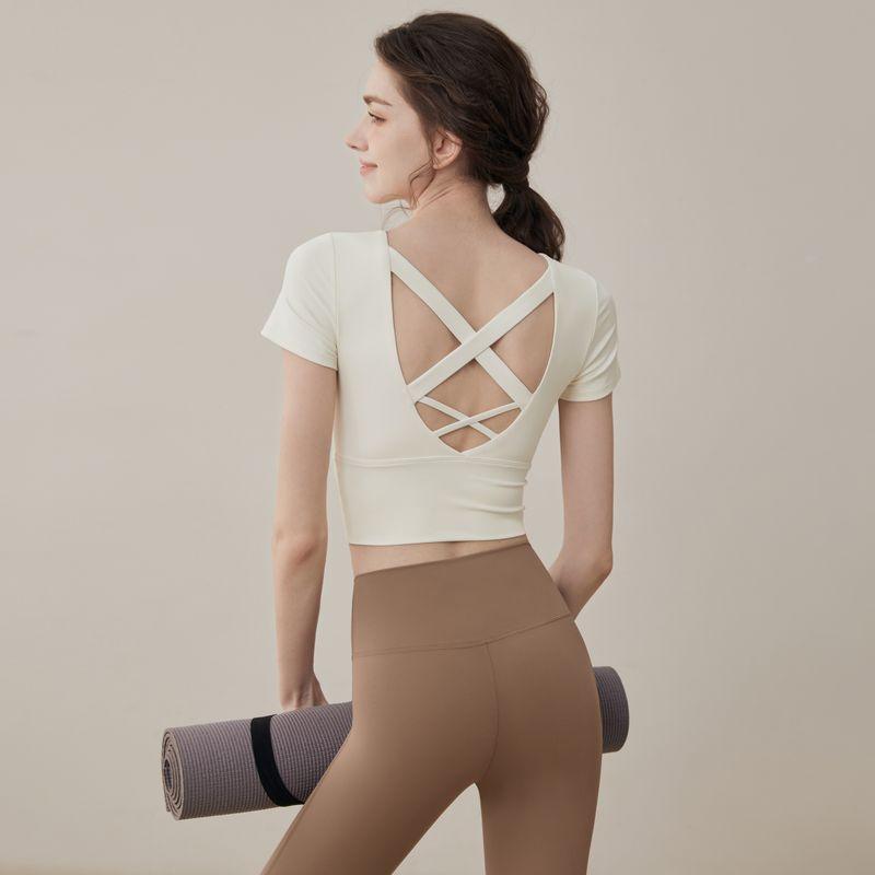 

Summer New Yoga Wear Women s Sports Upper Garment Breathable Short Sleeve Top Running Professional Pilates Training Fitness Beige White L [Suggested 55.00 kg-60.00 kg]]