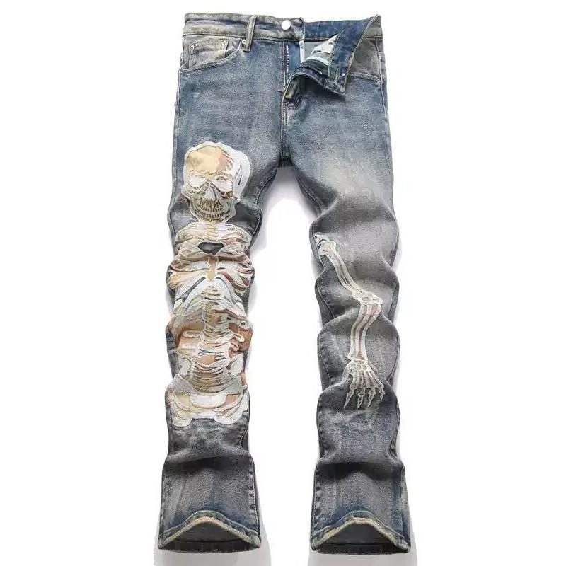 Men Women Slim Fit Distressed Patchwork Flared Denim Jeans Mid-Rise Stretch Cotton Casual Pants