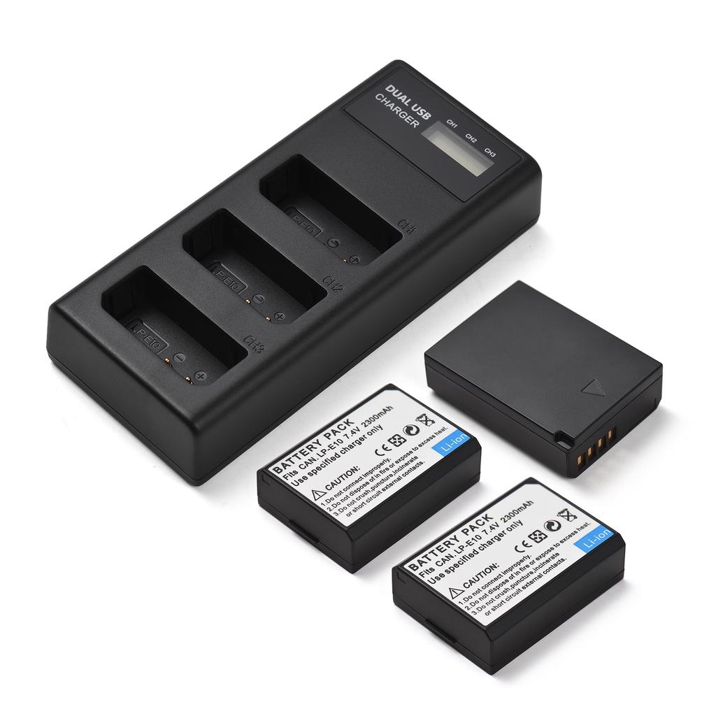 LP E10 Battery Charger 3 Slot Charger with LED Indicators Micro USB & Type C Port + 3pcs LP E10 Batteries 7.4V 2300mAh