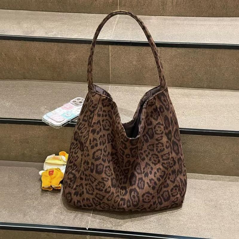 Women's Fashion Shoulder Bag Suede Leopard Pattern Large Capacity Magnetic Clasp Handbags Lightweight Shopper Totes