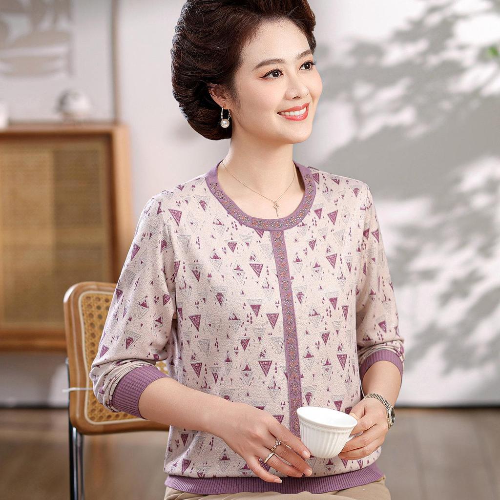 Spring 2026 Long-Sleeve Knit Top for Middle-Aged & Elderly Women