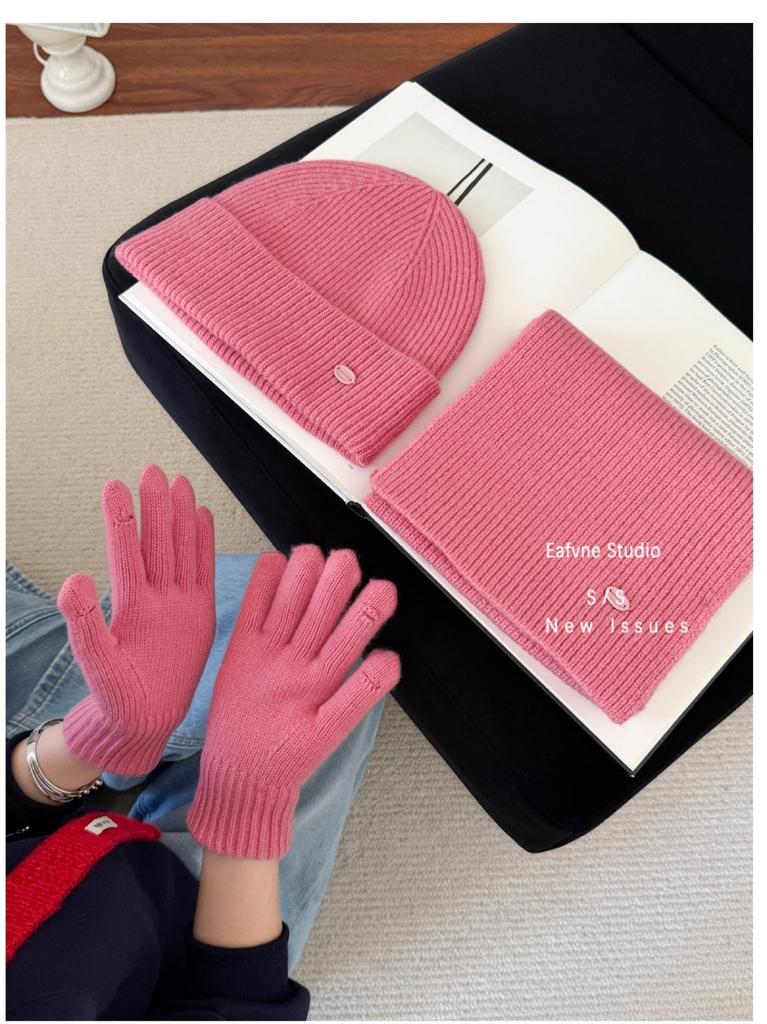 High quality% Australian wool solid color hat scarf gloves three-piece winter warm knitted suit women