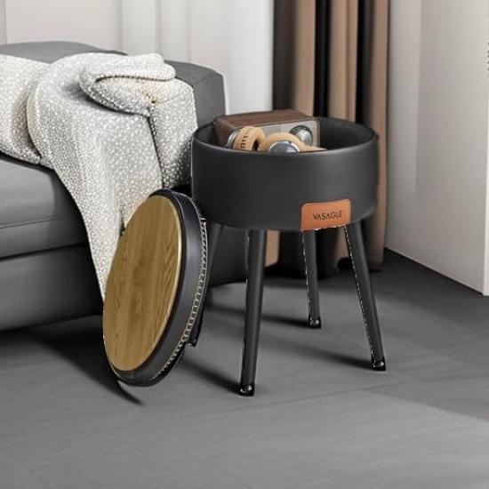 VASAGLE EKHO Collection Vanity Stool with Stitched Faux Modern Steel Round Storage 150kg Weight Stylish Kissing Easy to LOM005B01 - Storage, Leather,
