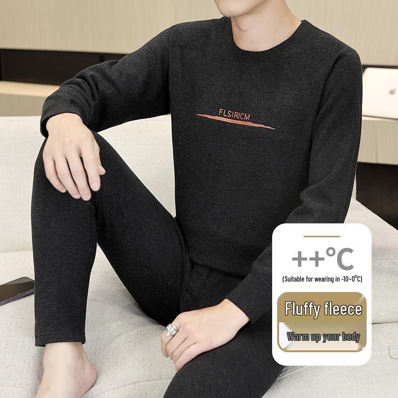 Men's Teen Fleece-Lined Thermal Set: Extra Thick Crew Neck Top & Trousers for Autumn/Winter Wear.
