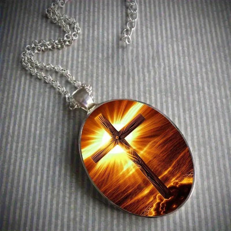 Fashionable Golden Cross Pattern Oval Pendant Necklace