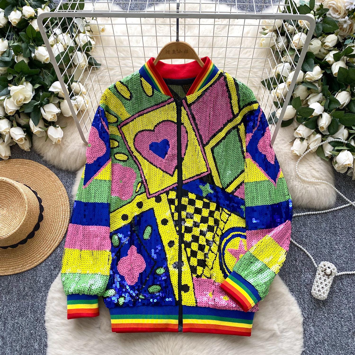 

Винтажное пальто с длинным рукавом Женское Осеннее Тяжелая промышленность Необычный дизайн с пайетками Уличный Ночной клуб Горячая девушка Топ Тренд One size разноцветные