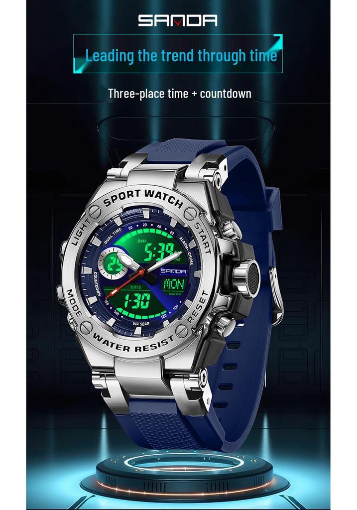 Sanda Dual-Display Leuchtende Wasserdichte Schüleruhr mit 3 Zeitzonen.