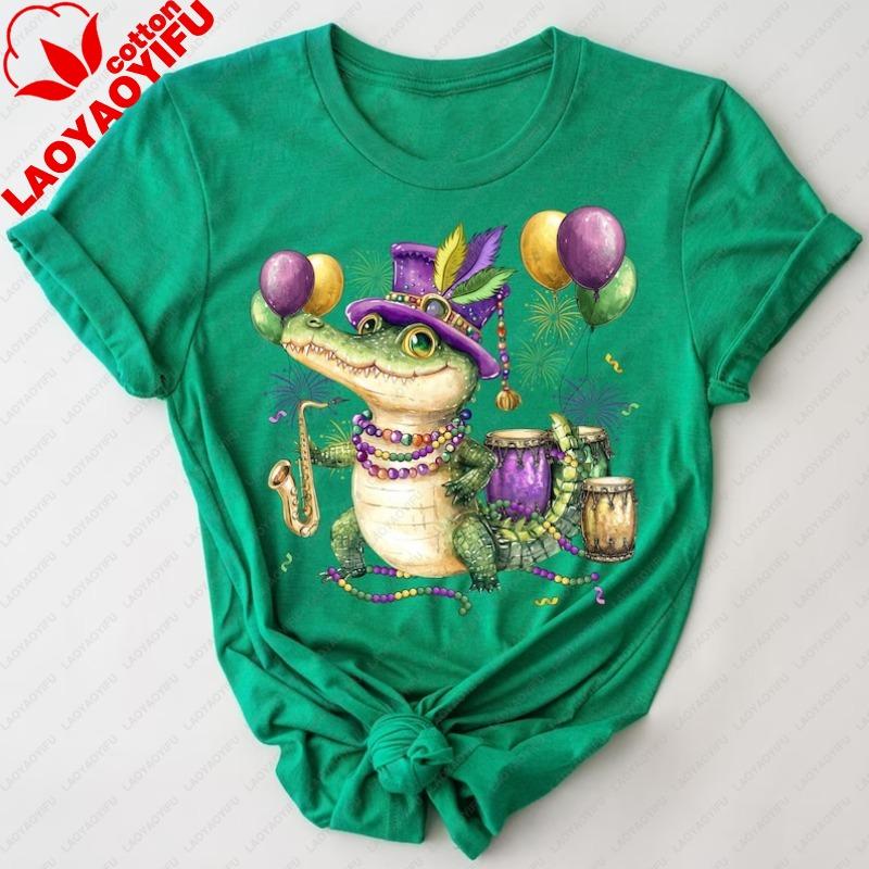 Mardi Gras Crocodile Shirt New Orleans Carnival Tee Graphic Cotton Tshirts Oversized T Shirt Women T Shirt Kawaii Clothes Tops