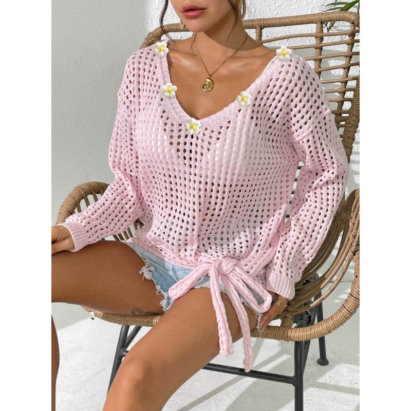 Women's V-neck Pullover Top Hollow Blouse Strappy Bow Outer Hand-crocheted Patchwork Loose Sweater