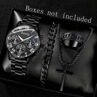 2/4PCS Men Watch Set Business Fashion Quartz Watch Bracelet Necklace Ring Set Suitable for Daily Clothing Matching Perfect Gift