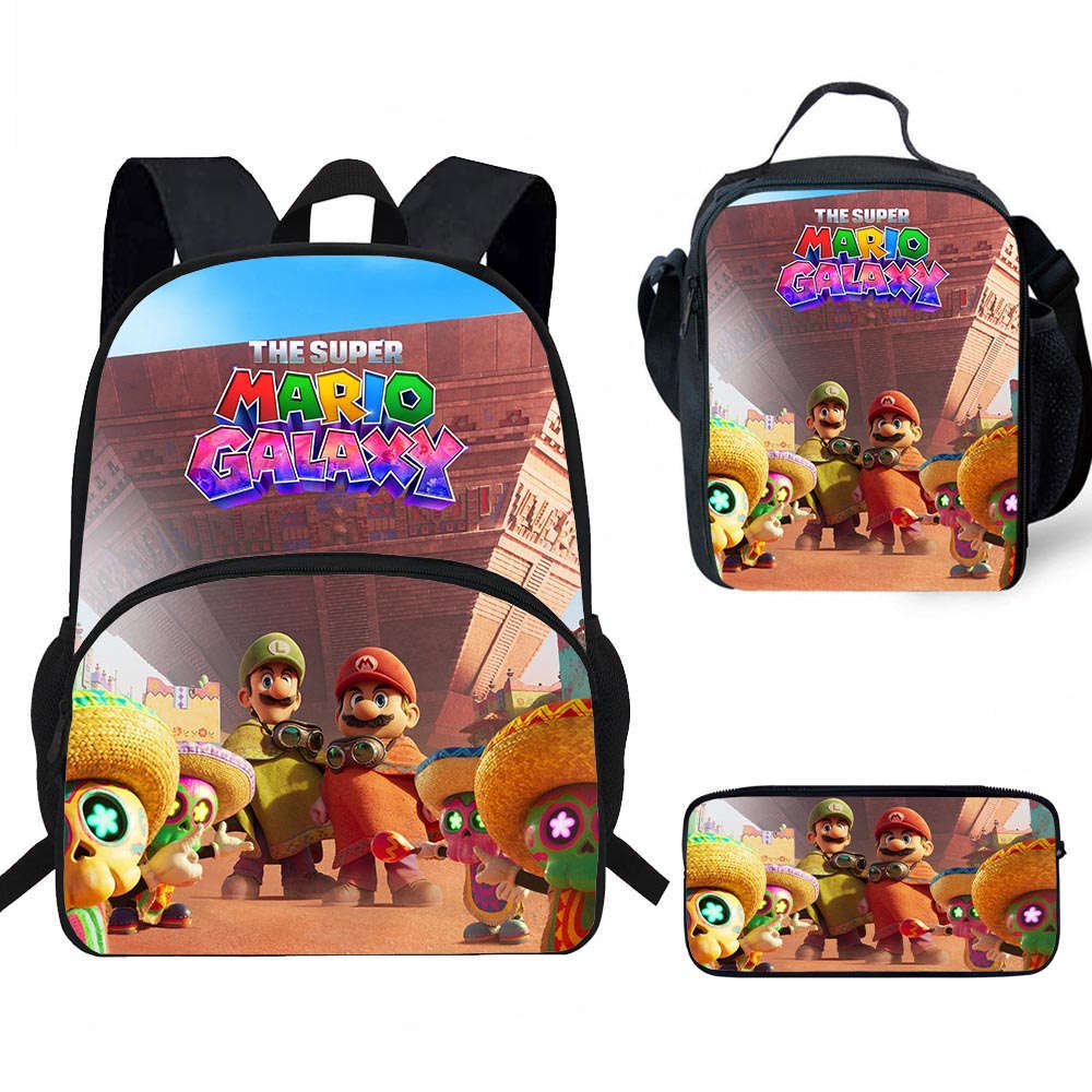 Zaino Cartone Animato di Mario, Borsa Pranzo e Astuccio—Nuovo Set Cancelleria, Adatto per le Classi 3–6